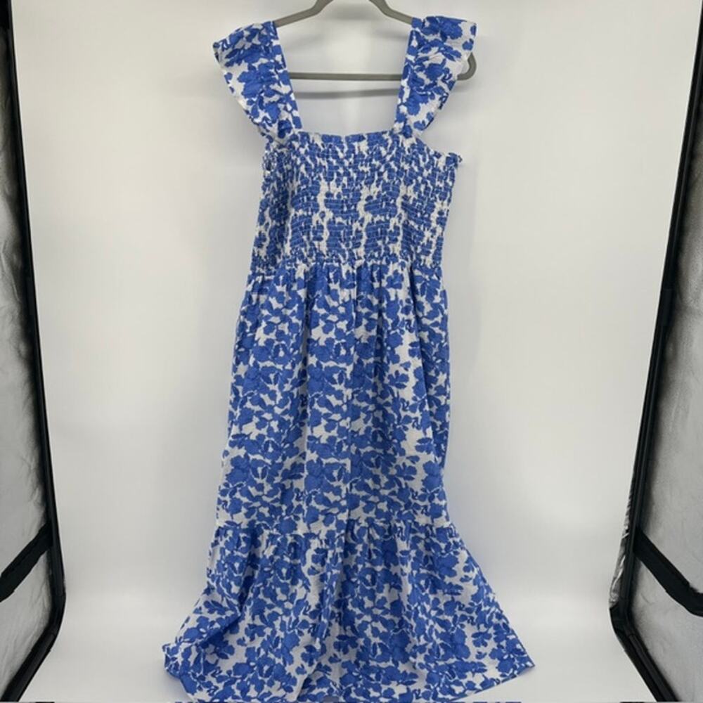 THML Renee Blue and White Floral Seersucker Smocked Tiered Maxi Dress Size M